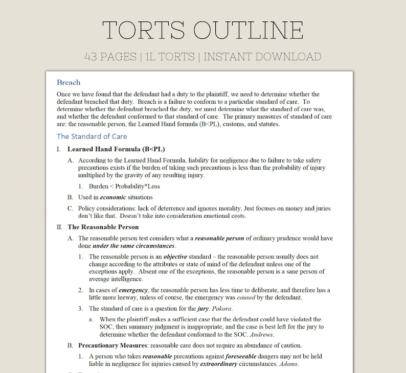 Torts outline law school outline instant download law school notes tort law