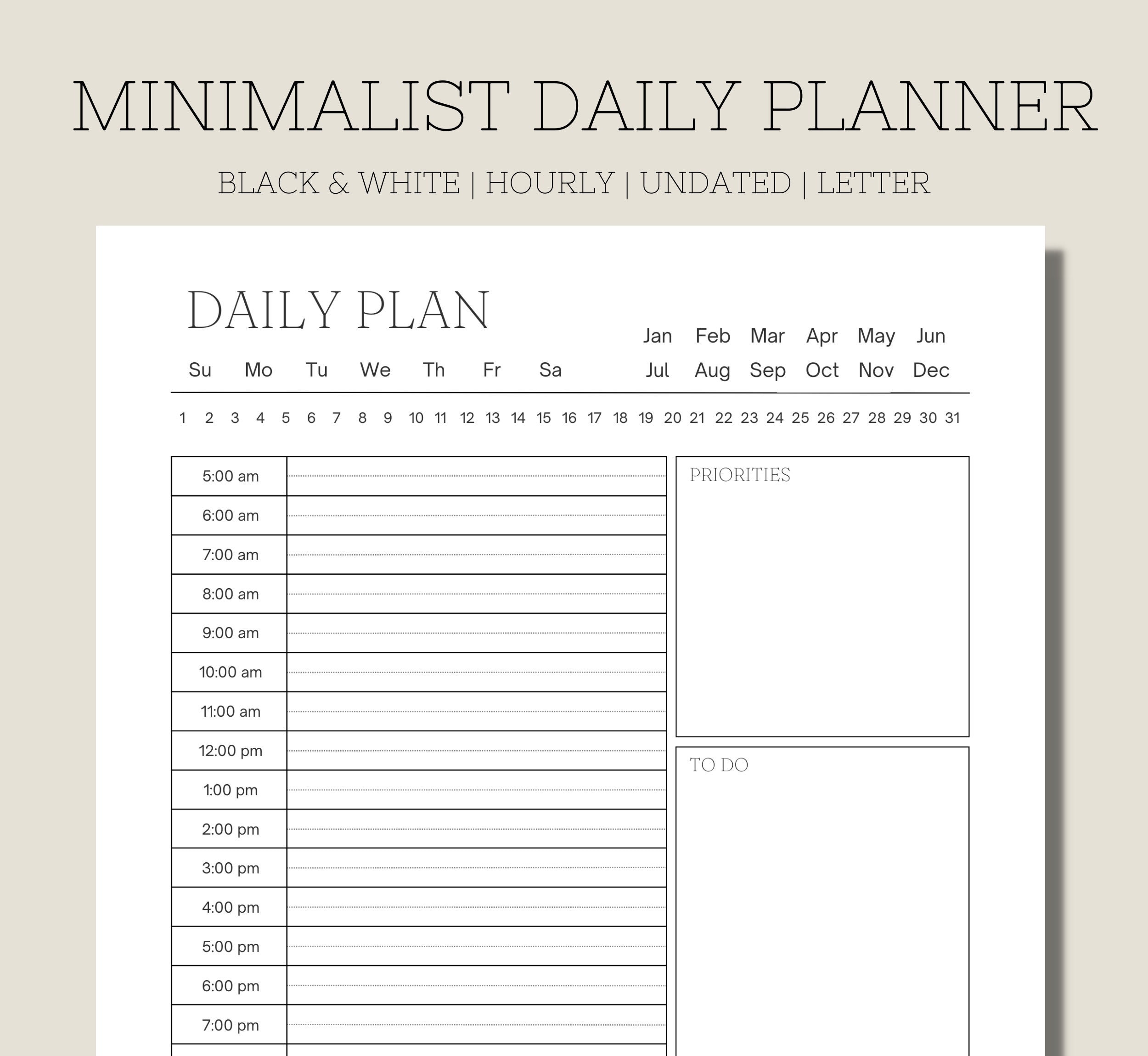 Minimalist Daily Planner Hourly Planner Printable Planner - Etsy