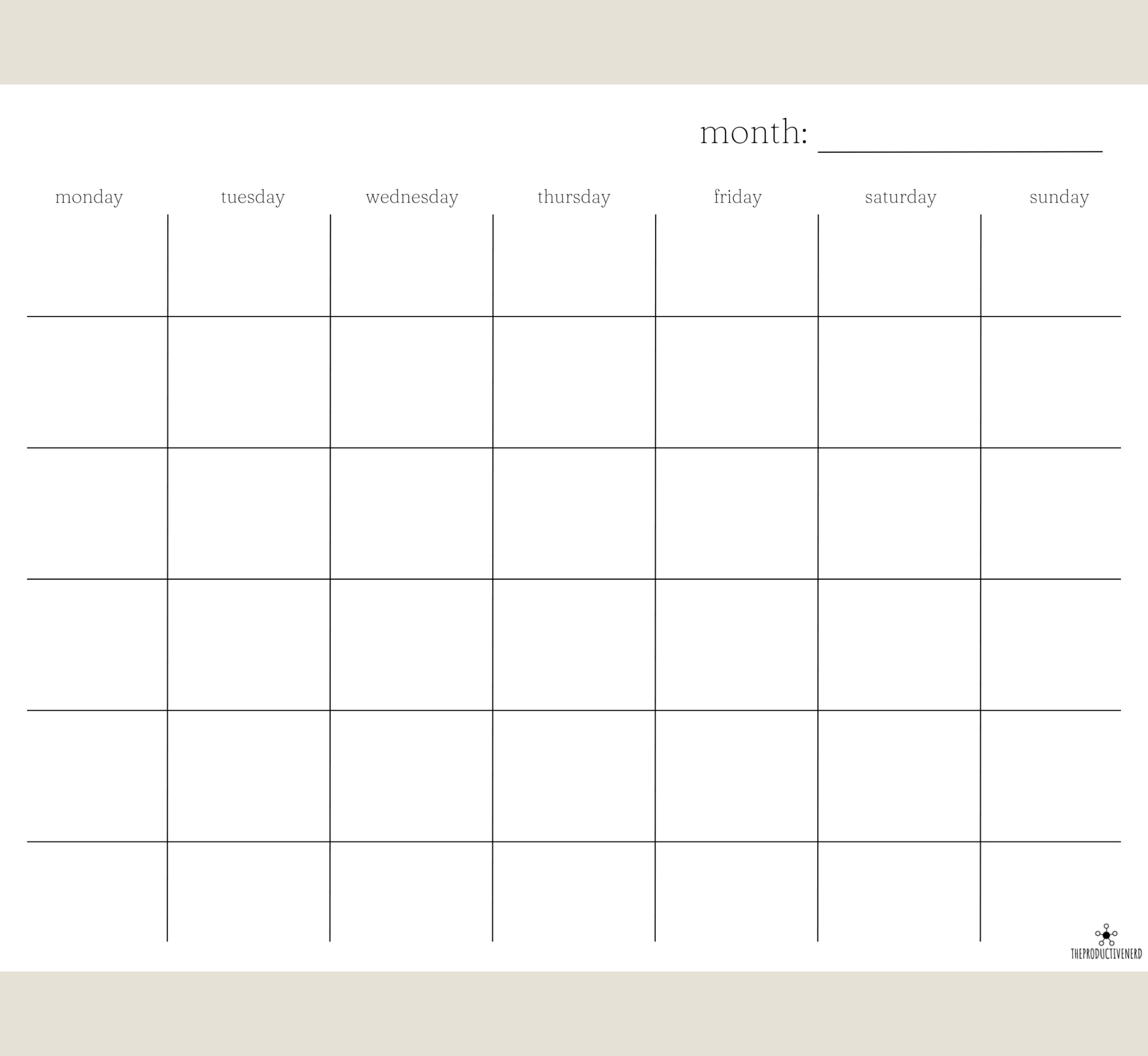 Blank Monthly Calendar Printable Black and White Calendar Minimalist