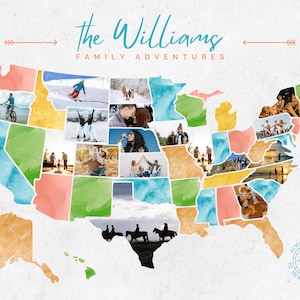 USA Karte Reisefotos Poster, 50 Staaten, US Adventure Bild Collage, bearbeitbare Wandkunst, anpassen, Canva, Sofort Download
