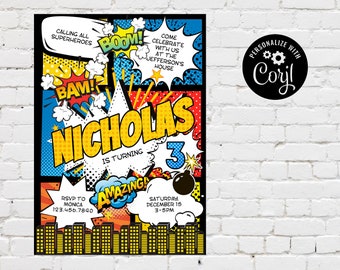 Superhero Invitation, Comic Birthday Party Invitation, Invite, Editable Superheroes Birthday Template, Red, Blue, Yellow, Printable