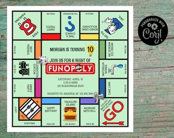 Monopoly Birthday Invitation, Board Game Invite, Game Night, Girls Night Out, Bachelor, Guys Outing, Boys Night, Unique, Instant Download