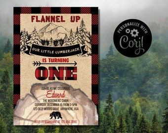 Lumberjack Birthday Invitation, Lumberjack Invite, Bear, Woods, Forest, Buffalo Plaid Check, DIY Editable, Customize, Instant Download