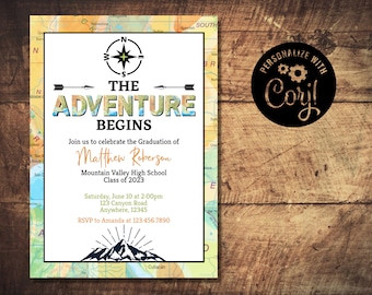 The Adventure Begins Graduation Invitation, Hiking Invite, Mountains, Outdoors, Compass, Trees, Travel, Map, Fun, Editable, Instant Download
