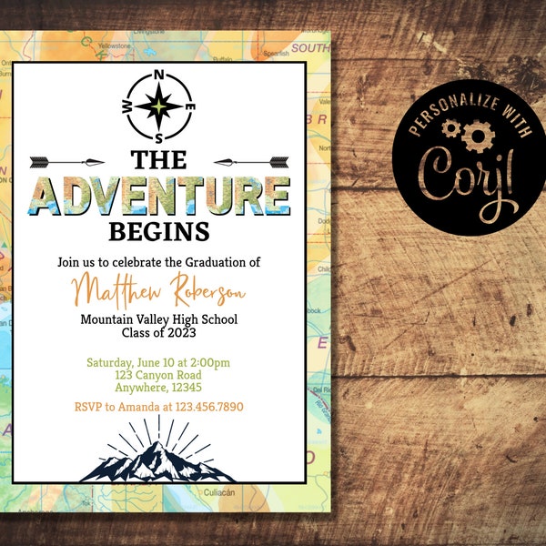 The Adventure Begins Graduation Invitation, Hiking Invite, Mountains, Outdoors, Compass, Trees, Travel, Map, Fun, Editable, Instant Download