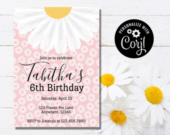 Daisy Birthday Invitation, Daisies, Flower Invitation, Invite, Editable Birthday Party Template, Pink, Yellow, Customize, Printable