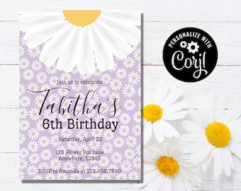 Daisy Birthday Invitation, Daisies, Flower Invitation, Invite, Editable Birthday Party Template, Purple, Yellow, Customize, Printable