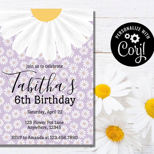 Daisy Birthday Invitation, Daisies, Flower Invitation, Invite, Editable Birthday Party Template, Purple, Yellow, Customize, Printable