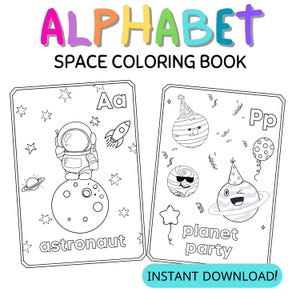 Páginas para colorear con letras del alfabeto con temática espacial, divertidas y lindas, libro ABC imprimible para colorear, descarga instantánea