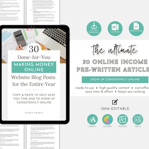 Könnte beinhalten: Ein digitales Tablet zeigt eine Grafik mit dem Text "30 Done-for-You Making Money Online Website Blog Posts for the Entire Year" und "Copy & Paste to Help Save You Time and to Show Up Consistently Online". Die Grafik ist auf weißem Hintergrund mit einem blauen und grünen Farbschema. Das Tablet liegt auf einem Schreibtisch mit einem Taschenrechner und einem Laptop.
