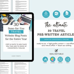 Könnte beinhalten: Ein digitales Produkt-Mockup auf einem Tablet-Bildschirm zeigt ein blaues und weißes Design mit dem Text "30 fertige Reise-Blogbeiträge für das ganze Jahr". Der Text "Kopieren & Einfügen, um Zeit zu sparen und online sichtbar zu sein" ist ebenfalls enthalten. Der Text "Die ultimativen 30 Reise-Blogbeiträge" wird in einer größeren Schriftart angezeigt. Der Text "Konsequent online präsent sein" wird in einer kleineren Schriftart angezeigt. Der Text "Sofort einsatzbereit, hochwertige Inhalte, kostengünstig, Zeit & Aufwand sparen, SEO-Ranking verbessern" wird in einer kleineren Schriftart angezeigt. Der Text "100 % editierbar" wird in einer größeren Schriftart angezeigt. Der Text "Schriftarten, Farben, Fotos, Texte" wird in einer kleineren Schriftart angezeigt.