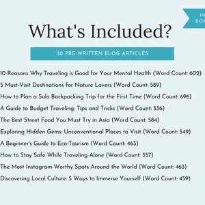 May include: A blue and white graphic with the text "What's Included?" and a list of 10 blog articles with word counts for each article. The graphic also includes the text "30 Pre-Written Blog Articles" and "Instant Download".