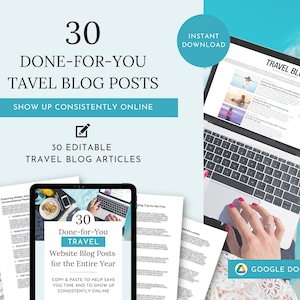 Peut inclure: Un ordinateur portable avec un document Google ouvert sur l'écran. Le document est intitulé "30 articles de blog de voyage prêts à l'emploi pour toute l'année". L'ordinateur portable est sur une surface bleu et blanche. Le texte "30 articles de blog de voyage prêts à l'emploi" est en gros caractères gras en haut de l'image.