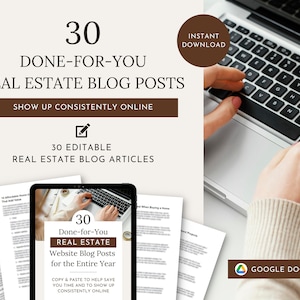 Puede incluir: Un ordenador portátil con un documento de Google abierto en la pantalla. El documento se titula "30 publicaciones de blog de bienes raíces listas para usar durante todo el año". El texto del documento dice "Copiar y pegar para ayudar a ahorrar tiempo y aparecer en línea de manera constante".
