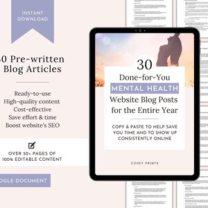 Könnte beinhalten: Ein digitales Tablet zeigt eine Grafik mit dem Text "30 vorgefertigte Blogbeiträge für die gesamte Website zum Thema mentale Gesundheit". Die Grafik ist hellrosa mit weißem Hintergrund und zeigt eine Frau mit erhobenen Armen. Der Text "KOPIEREN & EINFÜGEN, UM ZEIT ZU SPAREN UND STÄNDIG ONLINE ZU SEIN" befindet sich unter der Grafik. Der Text "COZEY PRINTS" befindet sich am unteren Rand der Grafik.