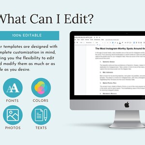 May include: A computer screen displaying a document with the title "The Most Instagram-Worthy Spots Around the World". The screen is surrounded by four icons representing fonts, colors, photos, and text, indicating that the document is fully customizable.