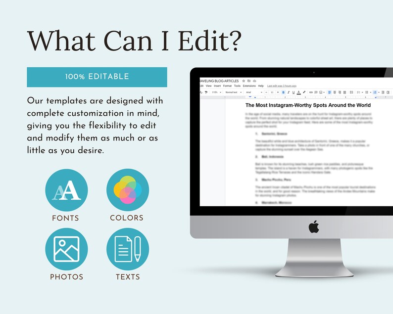 May include: A computer screen displaying a document with the title "The Most Instagram-Worthy Spots Around the World". The screen is surrounded by four icons representing fonts, colors, photos, and text, indicating that the document is fully customizable.