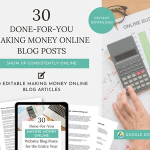 Könnte beinhalten: Ein digitaler Download von 30 vorgefertigten Blogbeiträgen zum Thema Geldverdienen im Internet. Das Bild zeigt einen Laptop-Bildschirm mit einer Vorschau der Blogbeitragtitel, einen Taschenrechner und eine Hand, die einen Stift hält. Der Text "30 vorgefertigte Blogbeiträge zum Thema Geldverdienen im Internet" ist in großen, fetten Buchstaben dargestellt.