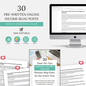 Könnte beinhalten: Ein digitales Produkt-Mockup, das 30 vorgefertigte Blogbeiträge zum Geldverdienen online zeigt. Das Bild zeigt einen Computerbildschirm mit einem Blogbeitrag mit dem Titel "Wie man mit Nischen-Bloggen und Marketing Geld verdient" und einen Laptop mit einem Dokument mit dem Titel "30 vorgefertigte Blogbeiträge zum Geldverdienen online für das ganze Jahr". Der Text "KOPIEREN & EINFÜGEN, UM ZEIT ZU SPAREN UND STÄNDIG ONLINE ZU SEIN" ist ebenfalls sichtbar.