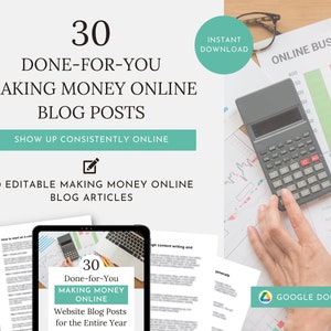 Könnte beinhalten: Ein digitaler Download von 30 vorgefertigten Blogbeiträgen zum Thema Geldverdienen im Internet. Das Bild zeigt einen Laptop-Bildschirm mit einer Vorschau der Blogbeitragtitel, einen Taschenrechner und eine Hand, die einen Stift hält. Der Text "30 vorgefertigte Blogbeiträge zum Thema Geldverdienen im Internet" ist in großen, fetten Buchstaben dargestellt.