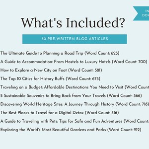 May include: A blue and white graphic with the text "What's Included?" and "30 Pre-Written Blog Articles".  The graphic lists 10 blog article titles with corresponding word counts.