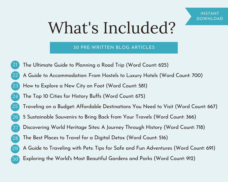 May include: A blue and white graphic with the text "What's Included?" and "30 Pre-Written Blog Articles".  The graphic lists 10 blog article titles with corresponding word counts.