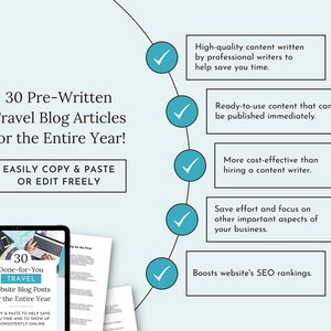 May include: A blue and white graphic with a checkmark next to each benefit of using pre-written travel blog articles. The benefits include: high-quality content, ready-to-use content, cost-effective, save effort, and boosts SEO rankings. The graphic also includes a screenshot of a digital product titled "30 Done-for-You Travel Website Blog Posts for the Entire Year".