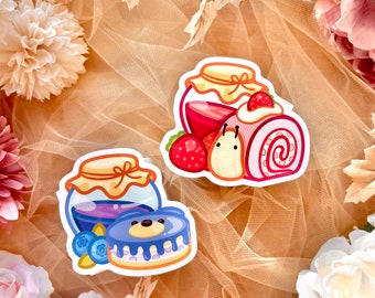 Cute Animal Dessert Sticker - Blueberry Bear Cake Sticker - Strawberry Snail Roll Cake Sticker - Fruit Jam Sticker - Holographic Stickers