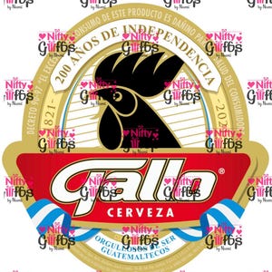 May include: A beer label with a black rooster silhouette on a gold background. The label features the word "Gallo" in white, with red and blue accents. Text includes "200 Años de Independencia" and "Cerveza".