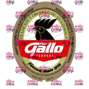 May include: A brown and red Gallo beer label featuring a black rooster illustration. The label includes Spanish text, such as "Gallo Cerveza" and "Famosa desde 1896". The volume is stated as 350 ml.