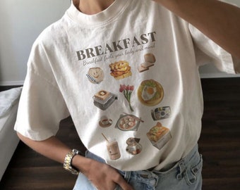 Breakfast Graphic Tee Vintage Graphic Aesthetic Tee Breakfast T-Shirt Minimalism T-Shirt Graphic Shirt For Women Trendy Crewneck