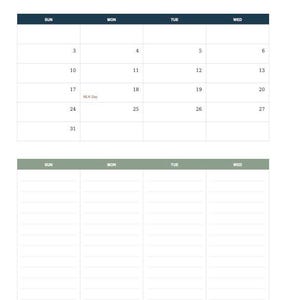 May include: A January 2027 calendar page featuring a grid for the days of the month with a small pine branch illustration in the top right corner. Below the calendar grid is a section with four columns of lined space for notes or planning.