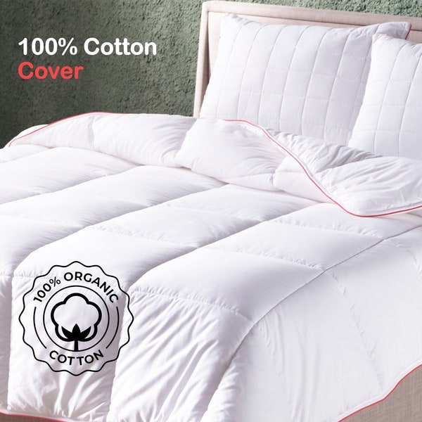 Organic Cotton Shell White Comforter Queen, King, Full Size and Twin XL | 100% Recycled Down Alternative Filling | Ultra-Soft Skin-Friendly