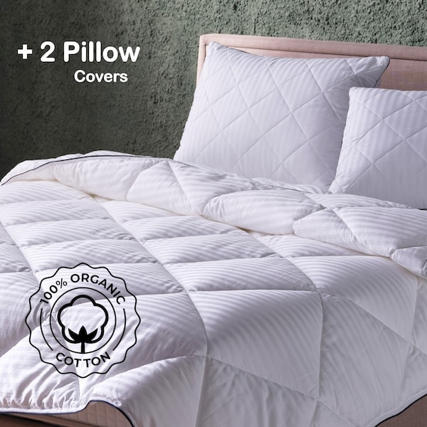 Organic Cotton Duvet Insert 2 Pack Pillowcases Set, Silky Satin Down Alternative Comforter Queen/King Size, Striped Pattern Duvet Inserts
