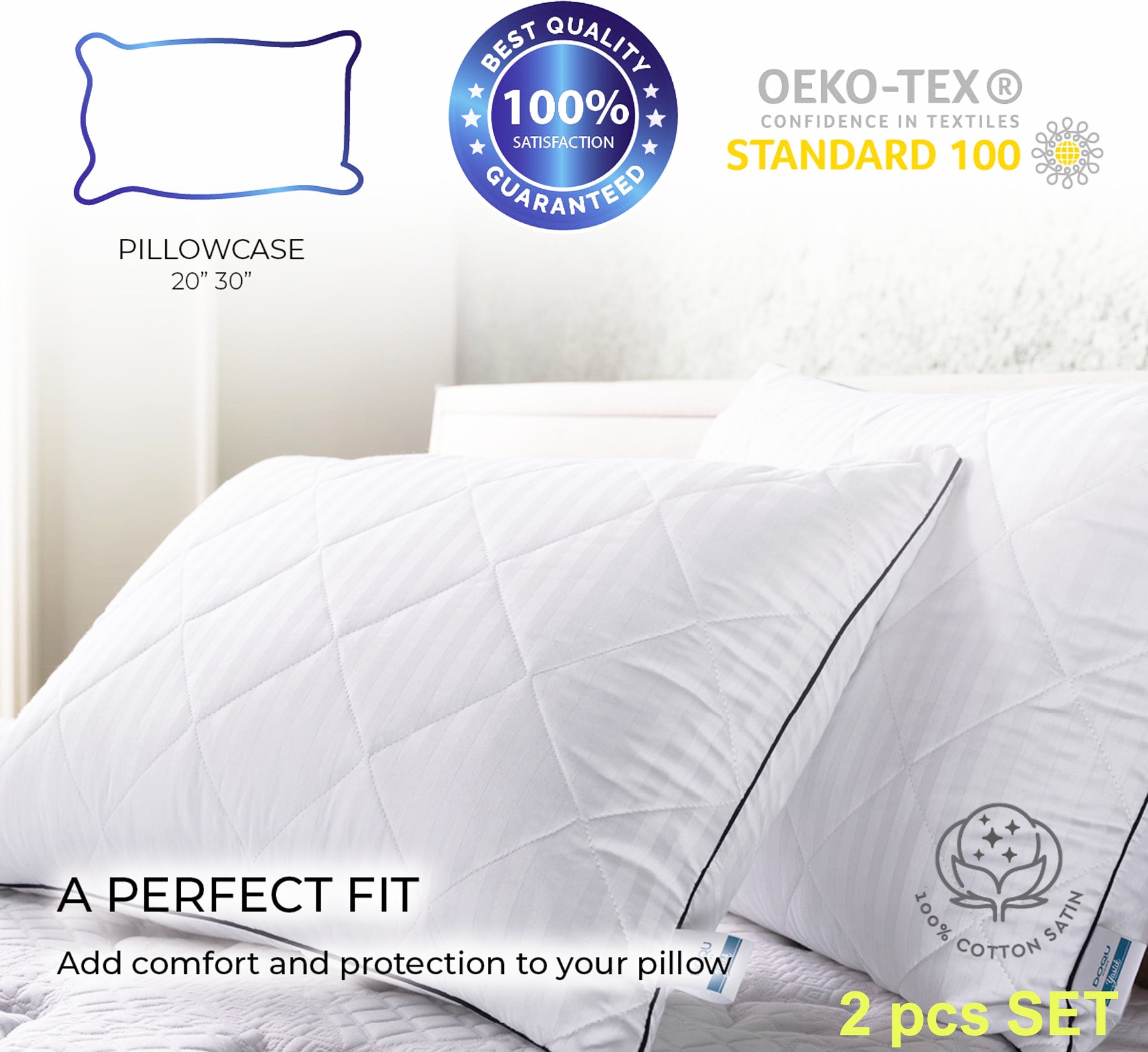 Organic Cotton Duvet Insert 2 Pack Pillowcases Set, Silky Satin Down