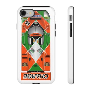 May include: A white phone case featuring a top-down graphic of a race car in orange, green, and white. The car has the number 55 on it and the word "CHARGE" in large orange letters at the bottom.