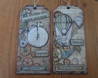 Pair of large tags made using Stamperia Sir Vagabond papers and die cut. ideal as stand alone gift.