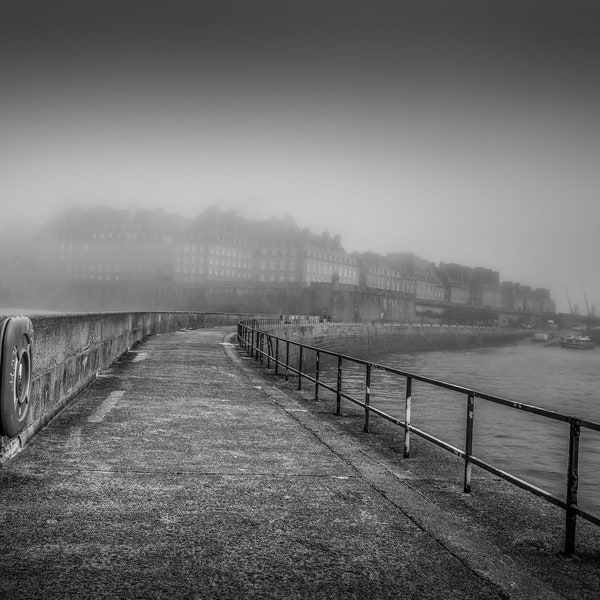 Saint-Malo French Port Black and White Seascape Fine Art-Print/Canvas/Acrylic/Metal. Maritime Home, Office, Restaurant Decor. Pier Wall Art.