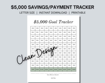 May include: A printable $5,000 savings or payment tracker. The tracker is a grid with 10 rows and 10 columns. Each row represents $50, and the columns represent the total amount saved. The total amount saved is shown at the bottom of the grid, with increments of $500. The tracker is designed to help people track their progress towards a savings goal of $5,000.