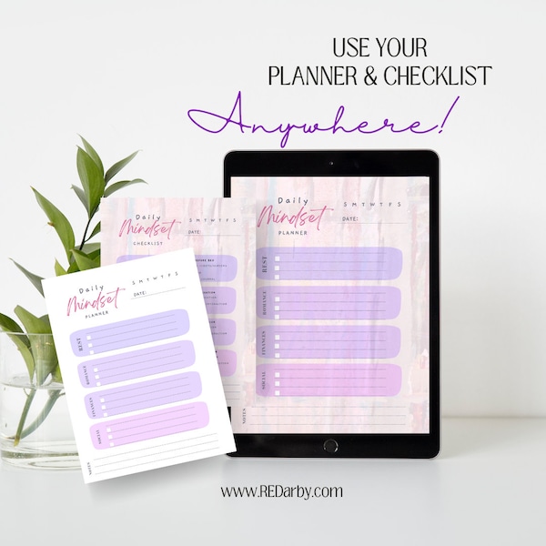 Daily Mindset Checklist and Planner Printout Sheets PDF - Customizable Pastel Minimalist Manifesting Healing Romance Finance Money Planning