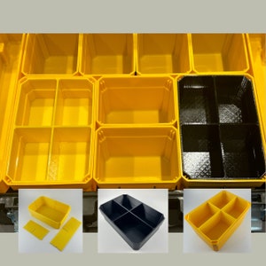 Könnte beinhalten: Ein Satz gelber und schwarzer Kunststoff-Aufbewahrungsbehälter mit Trennwänden. Die Behälter sind so konzipiert, dass sie in ein größeres Aufbewahrungssystem passen.