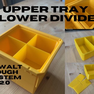 以下が含まれることがあります： 黄色いプラスチック製の収納トレイで、4つの区画があり、「DEWALT TOUGH SYSTEM 2.0」とラベル付けされています。このトレイは、より大きな収納システムの一部であり、小さなアイテムを収納するために設計されています。画像には、2つの区画と別々の仕切りがある、より小さな黄色のトレイも示されています。