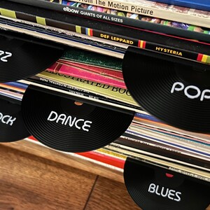 May include: A stack of vinyl records with black dividers labelled "Jazz", "Pop", "Rock", "Dance", and "Blues".
