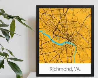 Richmond, VA. - Gold & Black | College Town Minimalist Map in Official School Colors | Printed on Premium Wall Art