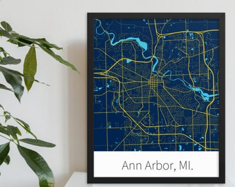 Ann Arbor, MI. - Blue & Maize | College Town Minimalist Map in Official School Colors | Printed on Premium Wall Art