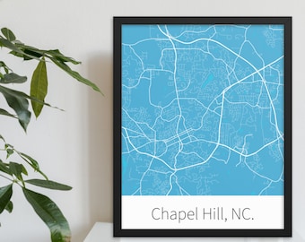 Chapel Hill, NC. - Carolina Blue & White | College Town Minimalist Map in Official School Colors | Printed on Premium Wall Art