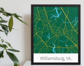 Williamsburg, VA. - Green & Gold | College Town Minimalist Map in Official School Colors | Printed on Premium Wall Art