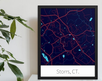 Storrs, CT. - Navy Blue & Red | College Town Minimalist Map in Official School Colors | Printed on Premium Wall Art