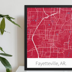 Fayetteville, AR. - Cardinal Red & White | College Town Minimalist Map in Official School Colors | Printed on Premium Wall Art