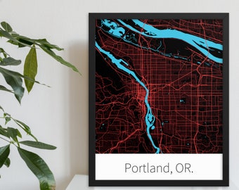 Portland, OR. - Black & Red | Pro Sports Team City Minimalist Map in Official Team Colors | Printed on Premium Wall Art